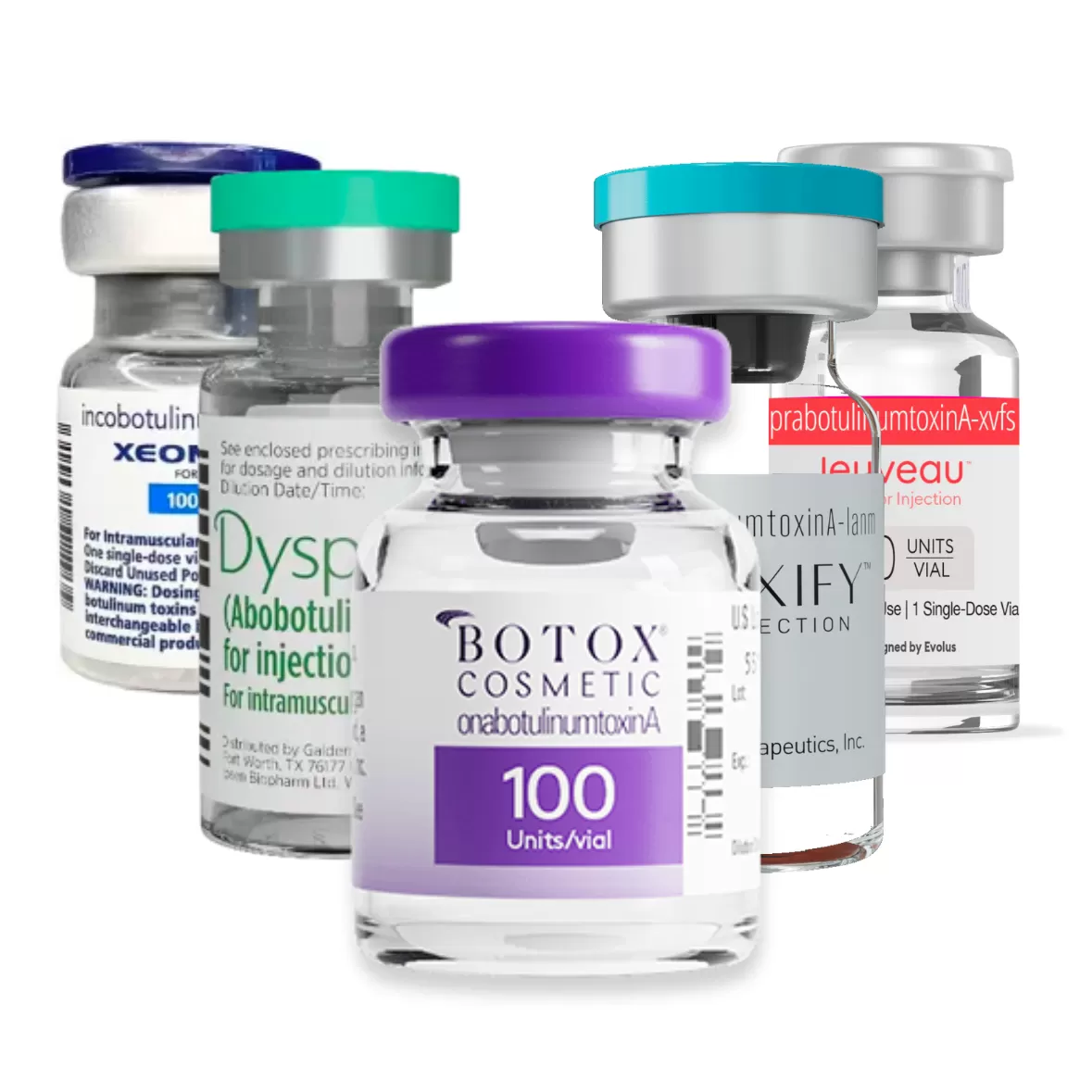 Assorted botulinum toxin product vials including Jeuveau, Botox, Dysport, and Xeomin for cosmetic wrinkle treatments.