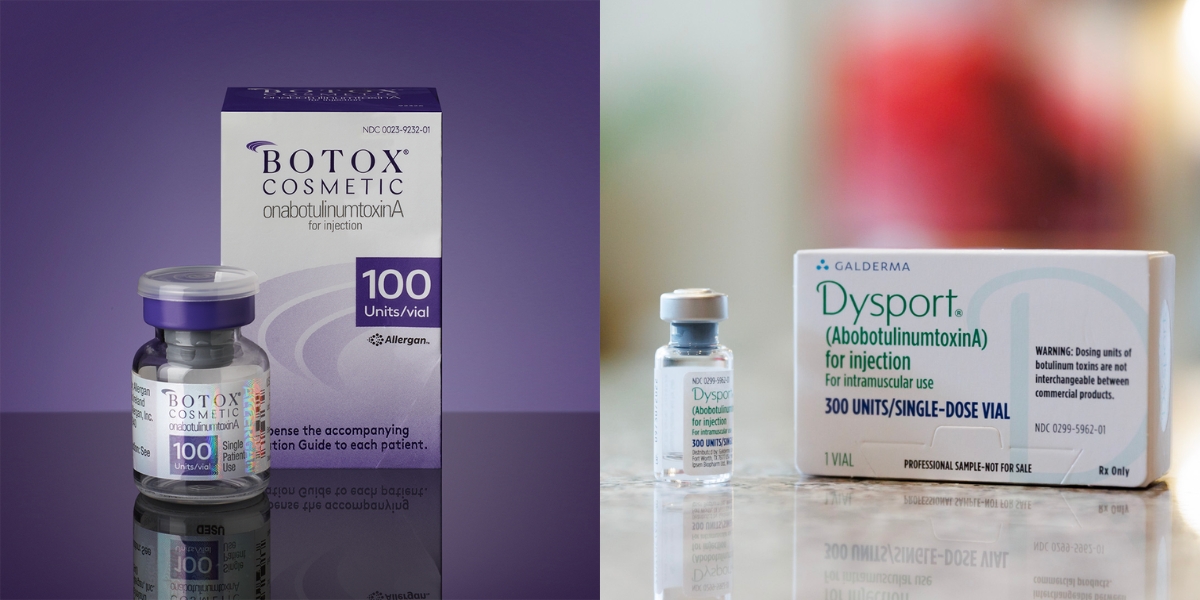 Comparison of Botox and Dysport product packaging, highlighting the differences in branding and dosage for cosmetic botulinum toxin type A treatments.