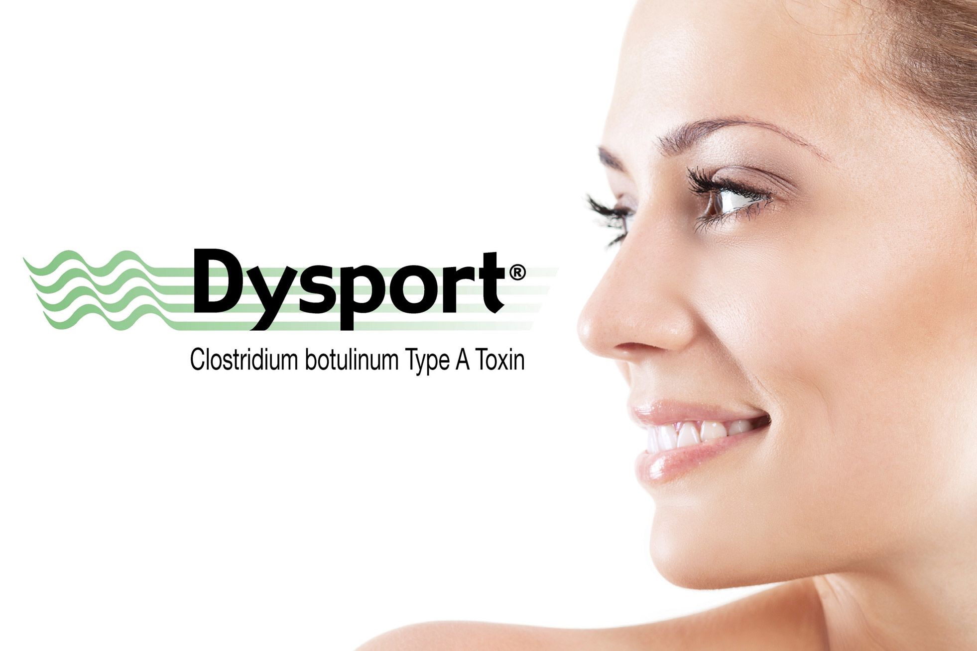 Smiling woman profile with Dysport branding, highlighting Clostridium botulinum Type A Toxin for cosmetic treatments.