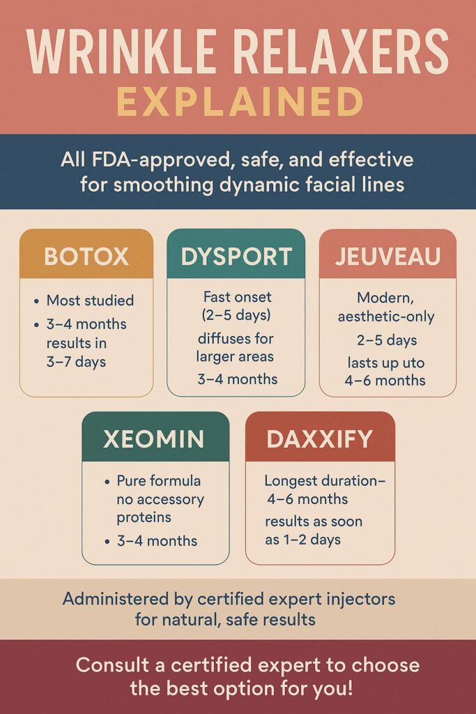 Infographic comparing Botox, Dysport, Jeuveau, Xeomin, and Daxxify injectable neurotoxin treatments
