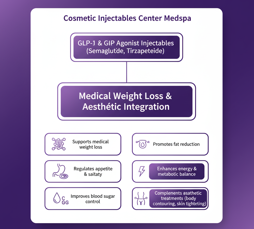 GLP-1 and GIP Agonist Injectables (Semaglutide, Tirzepatide): Medical Weight Loss and Aesthetic Integration