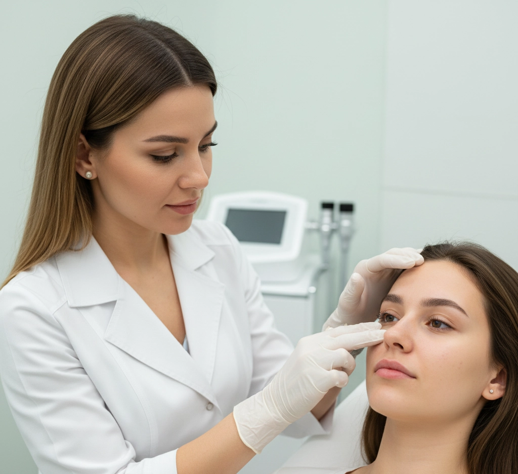 Cosmetologist Examining Patient Before Vi Peel Treatment.